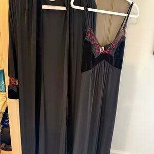 In Bloom Black and Red Lace and Velvet Nightgown Robe Set